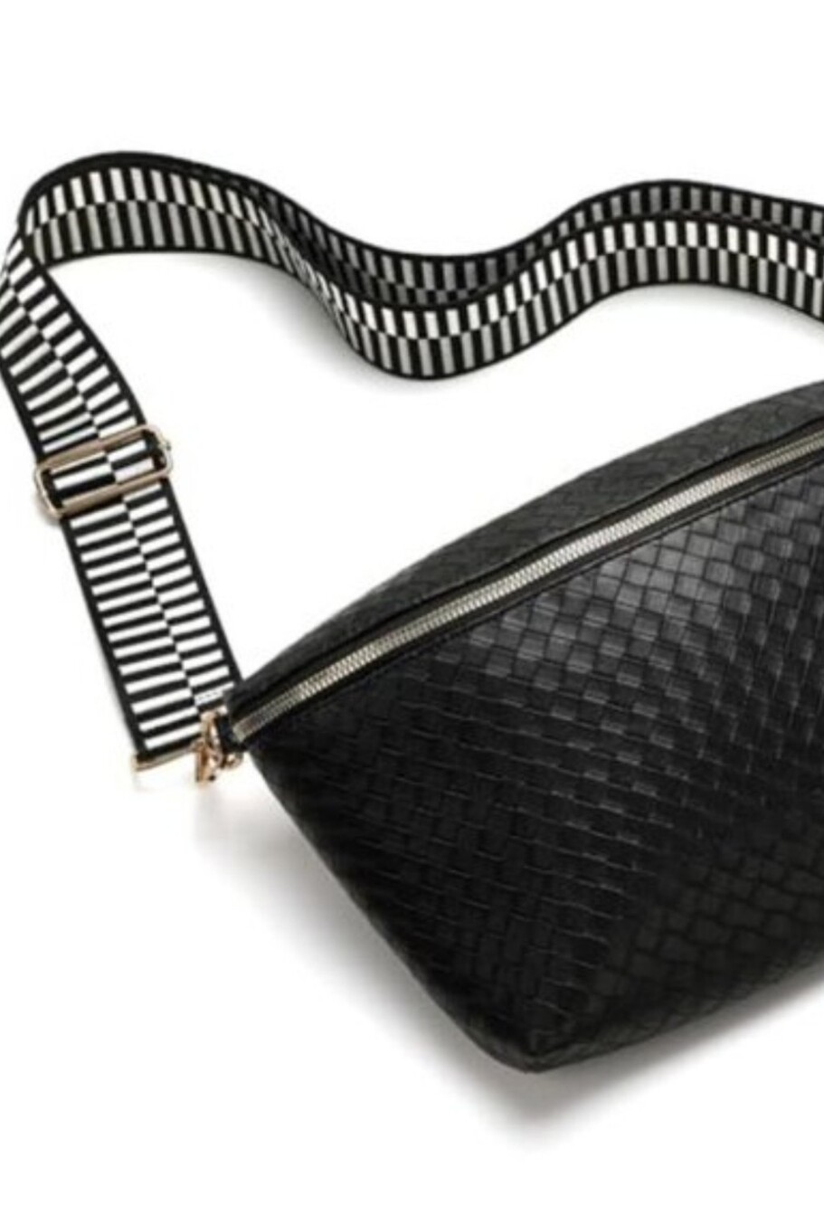 Large Woven Black Crossbody/Fanny Pack with Striped Strap